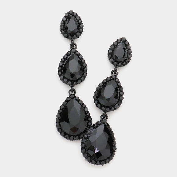 Black Dangle Crystal Earrings 2.7 Inch Triple Teardrop Stone Drop Down Jewelry - Picture 1 of 2